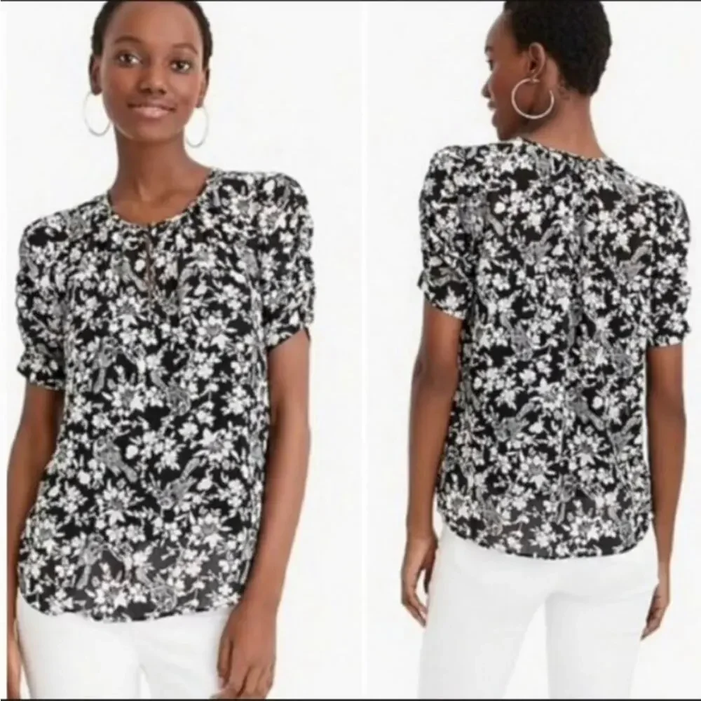 J. Crew Blouse Sheer Bird Floral Print Black XXS Ruched Short Sleeve Top
